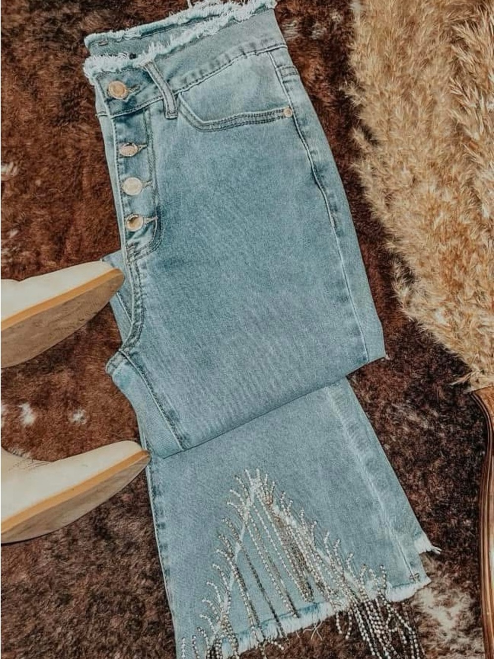 High Rise Rhinestones Fringe Jeans